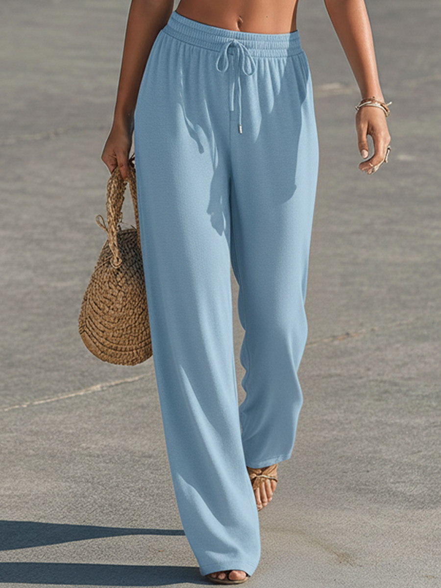 Women's Vacation-Style Light Blue Stretch Cotton-Blend Halter Crop Top And Wide-Leg Pants Set