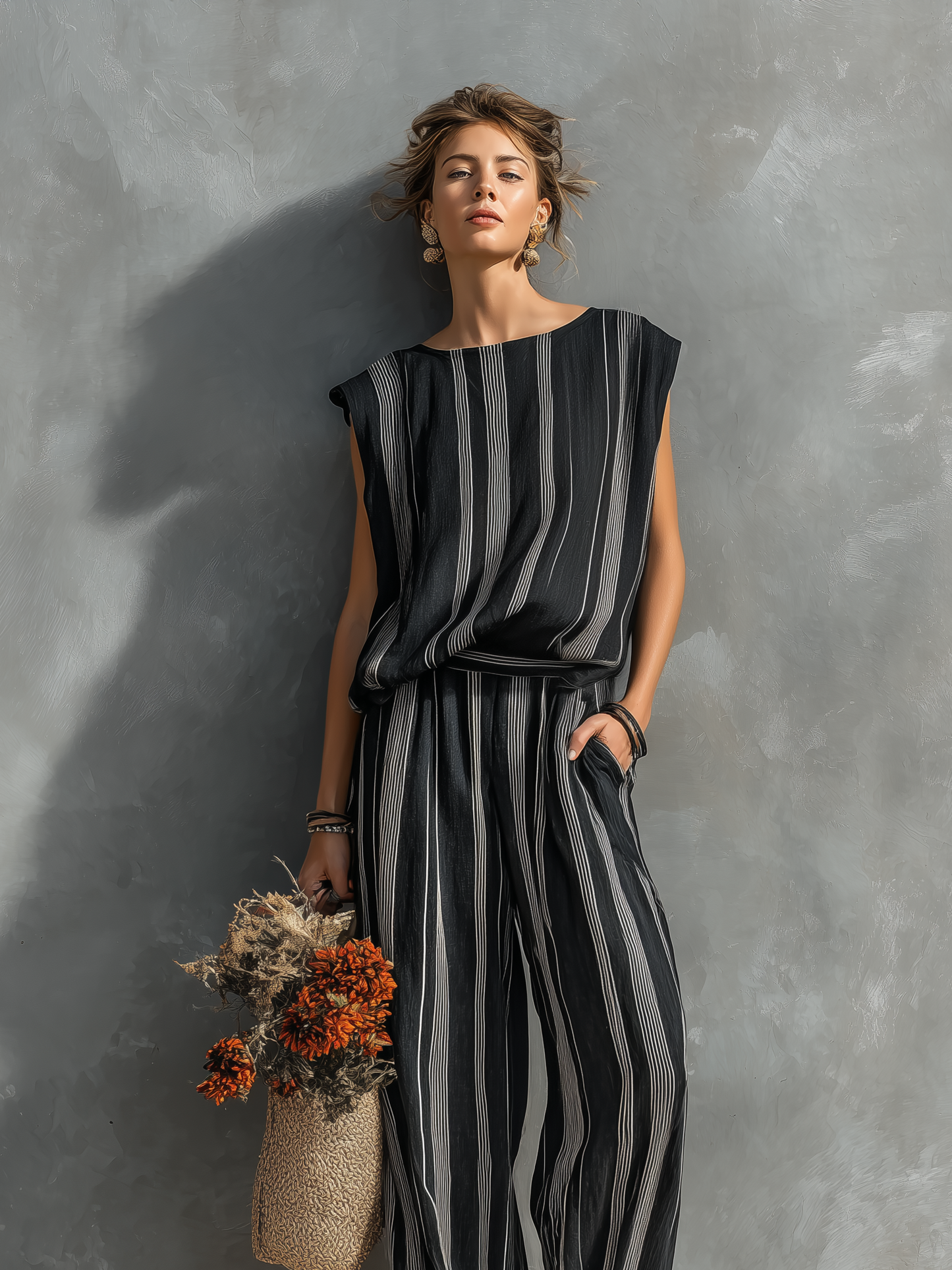 Women's Casual Black And White Striped Woven Crew-Neck Sleeveless Top And Trousers Set