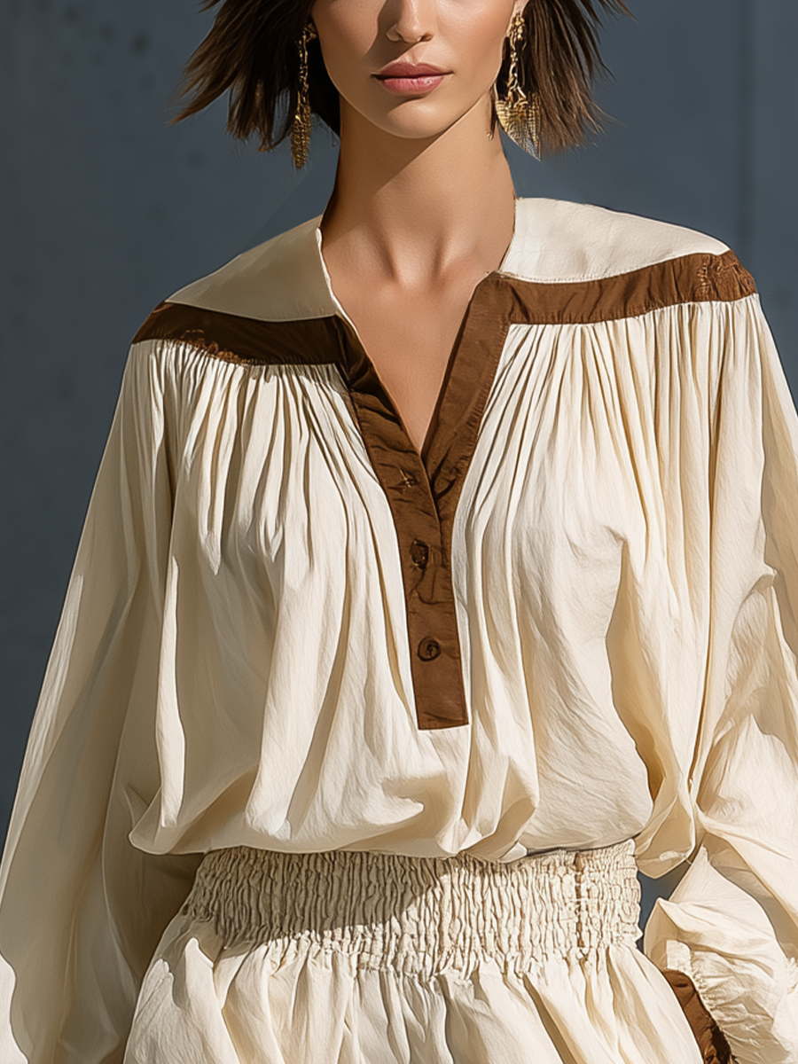 Women's Ivory Linen-Blend Long-Sleeve Jumpsuit With Contrast Trim And Elastic Waist