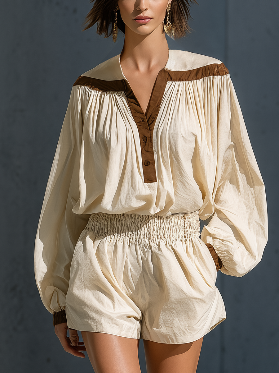 Women's Ivory Linen-Blend Long-Sleeve Jumpsuit With Contrast Trim And Elastic Waist