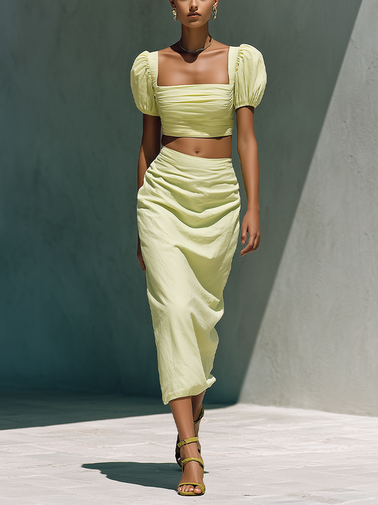 Women’s Light Lime Green Linen-Blend Square Neck Puff Sleeve Crop Top & Ruched Midi Skirt Two-Piece Set