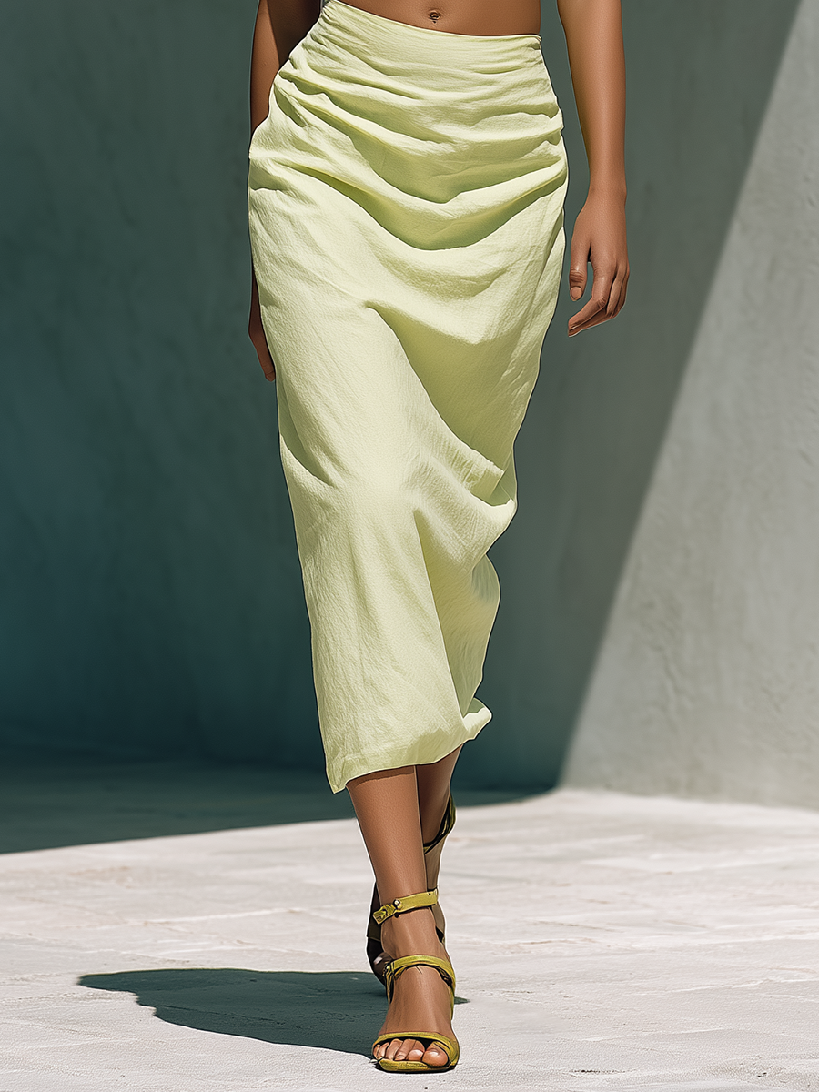Women’s Light Lime Green Linen-Blend Square Neck Puff Sleeve Crop Top & Ruched Midi Skirt Two-Piece Set