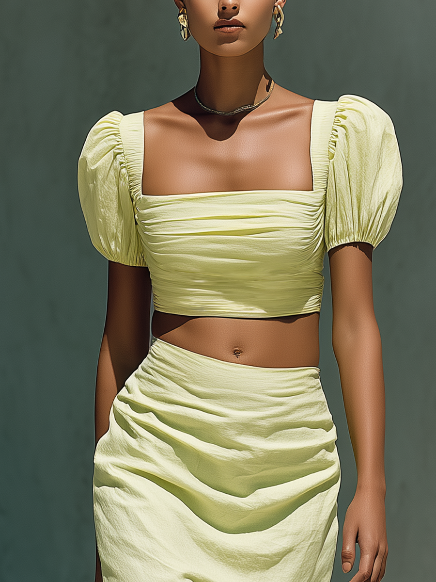 Women’s Light Lime Green Linen-Blend Square Neck Puff Sleeve Crop Top & Ruched Midi Skirt Two-Piece Set