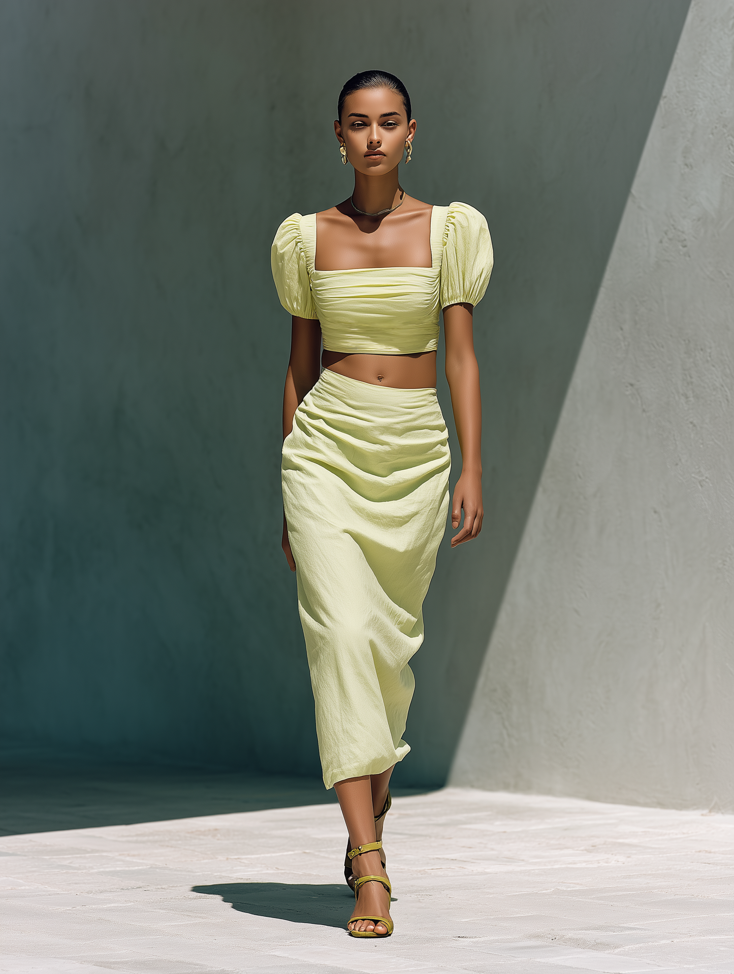 Women’s Light Lime Green Linen-Blend Square Neck Puff Sleeve Crop Top & Ruched Midi Skirt Two-Piece Set