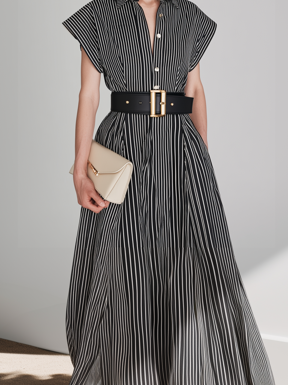 Women's Casual Black And White Striped Woven Short-Sleeve Shirt Dress (Belt Not Included)