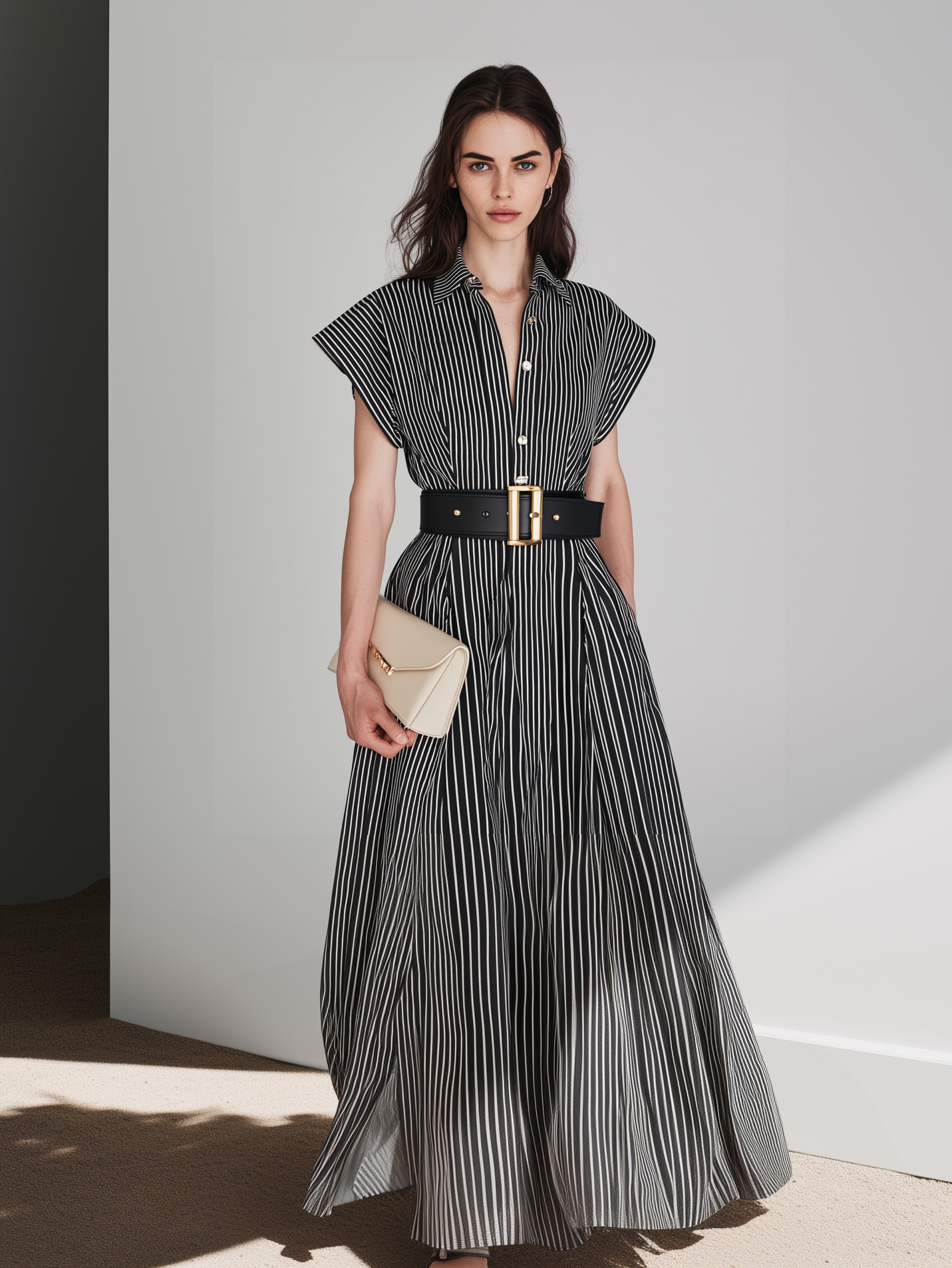 Women's Casual Black And White Striped Woven Short-Sleeve Shirt Dress (Belt Not Included)
