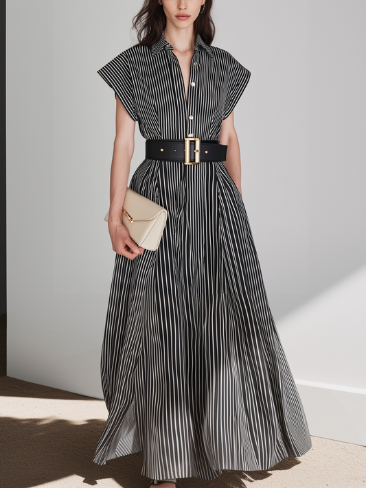 Women's Casual Black And White Striped Woven Short-Sleeve Shirt Dress (Belt Not Included)