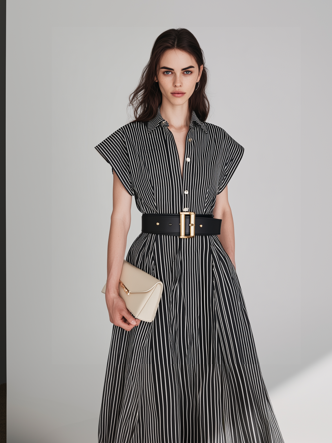 Women's Casual Black And White Striped Woven Short-Sleeve Shirt Dress (Belt Not Included)