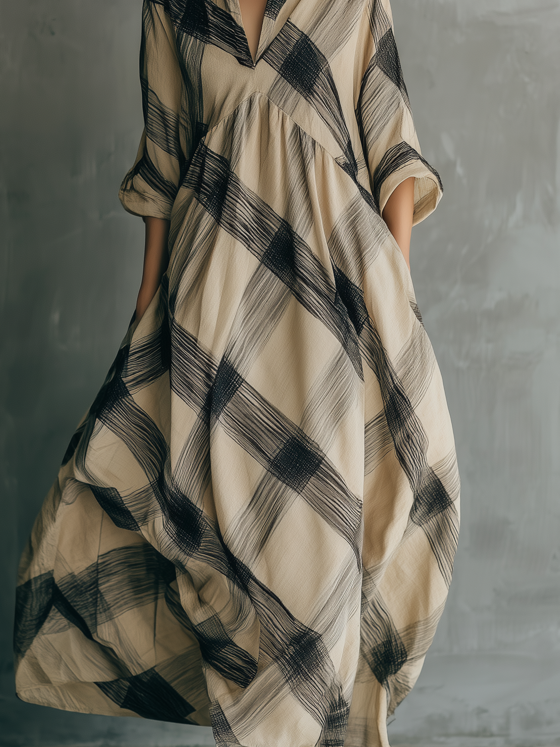 Women's Casual Black & Khaki Plaid Woven Maxi Dress — V-Neck, Mid-Length Sleeves, Loose Fit