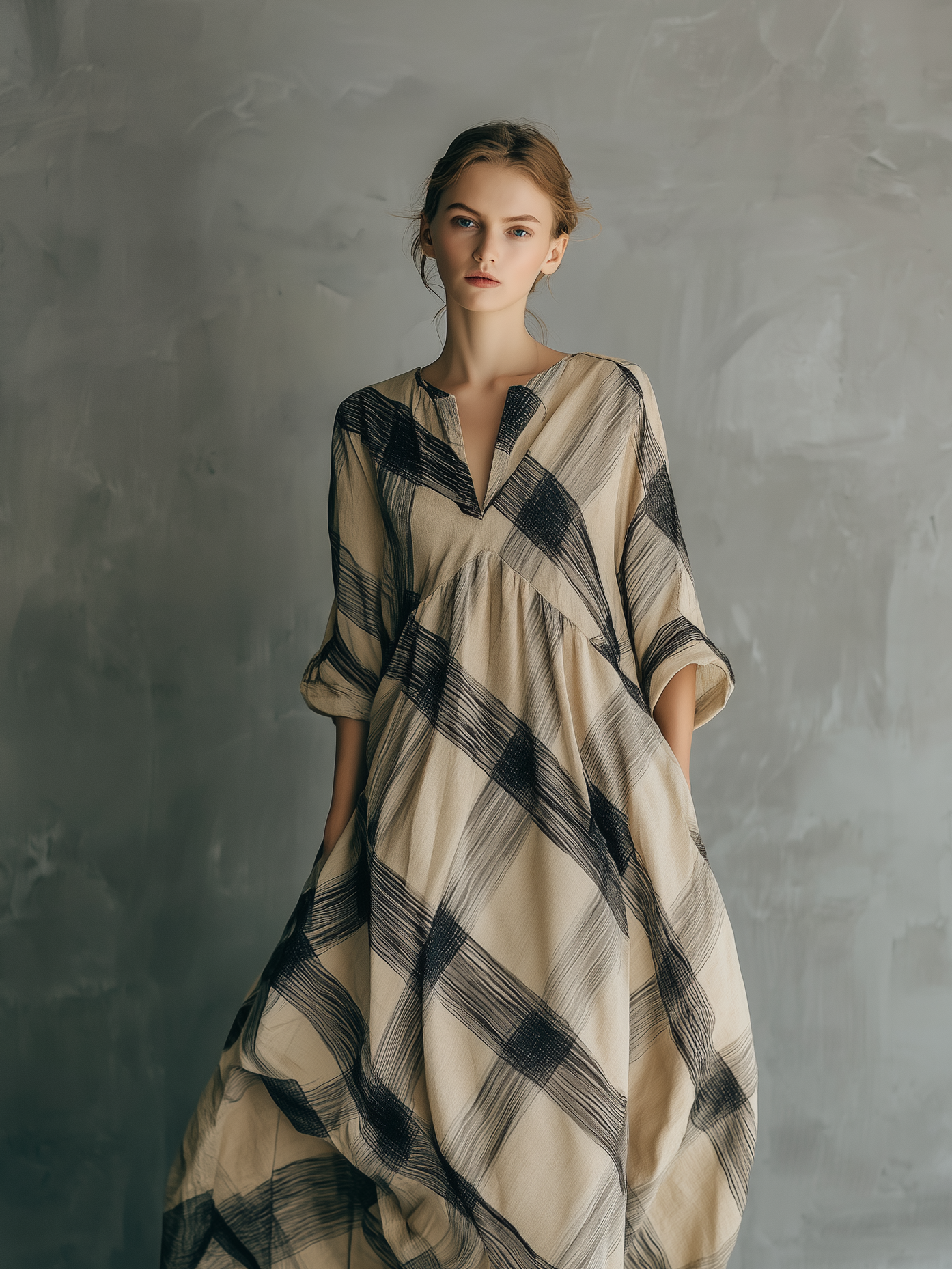 Women's Casual Black & Khaki Plaid Woven Maxi Dress — V-Neck, Mid-Length Sleeves, Loose Fit