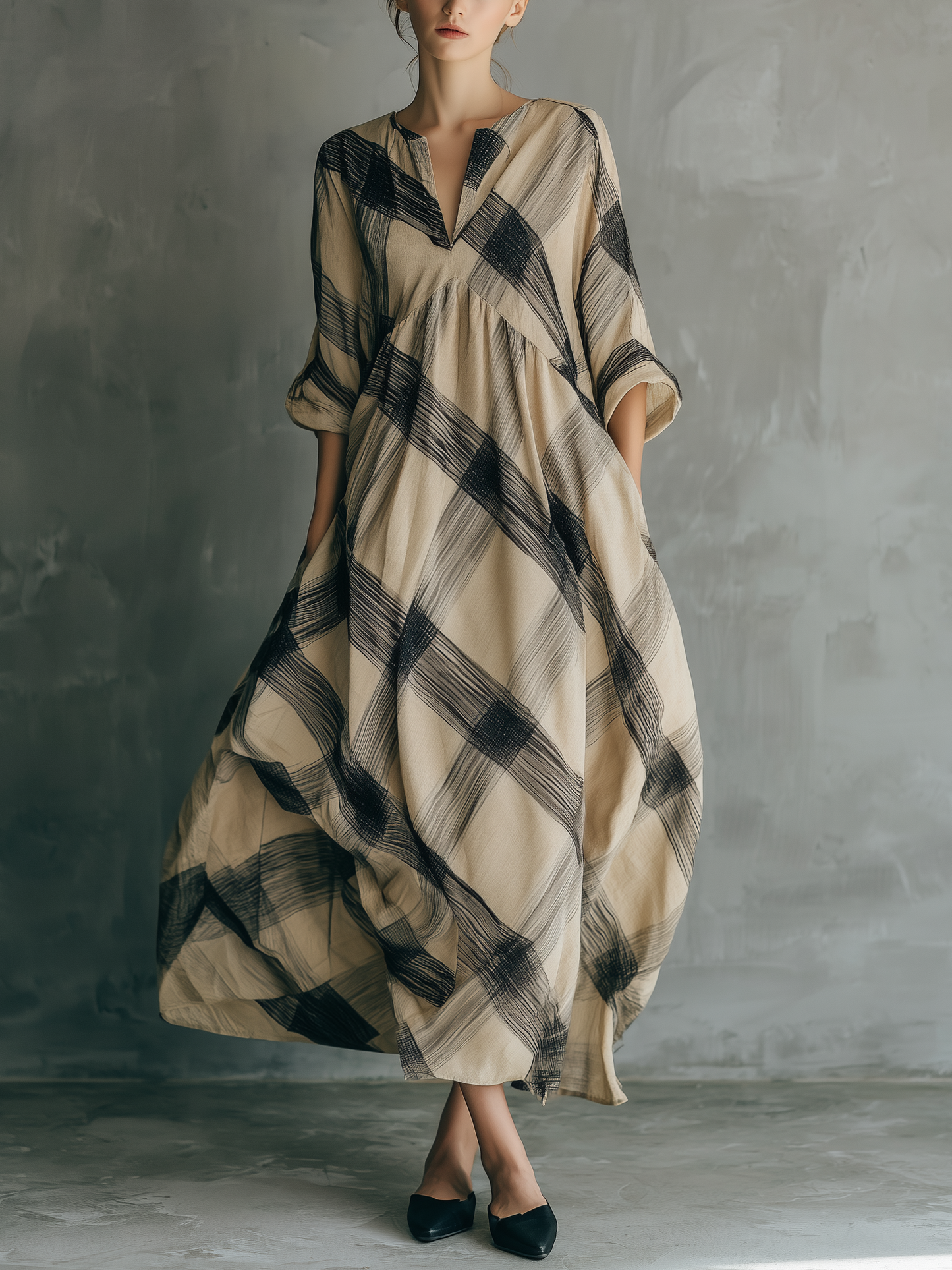 Women's Casual Black & Khaki Plaid Woven Maxi Dress — V-Neck, Mid-Length Sleeves, Loose Fit