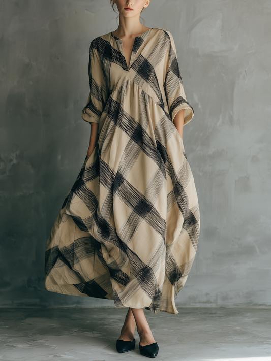 Women's Casual Black & Khaki Plaid Woven Maxi Dress — V-Neck, Mid-Length Sleeves, Loose Fit