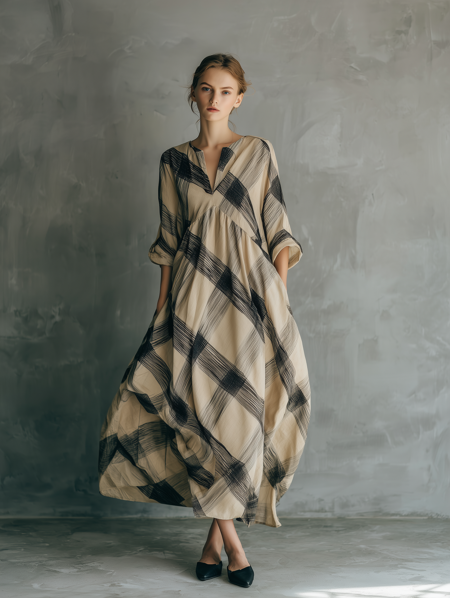 Women's Casual Black & Khaki Plaid Woven Maxi Dress — V-Neck, Mid-Length Sleeves, Loose Fit