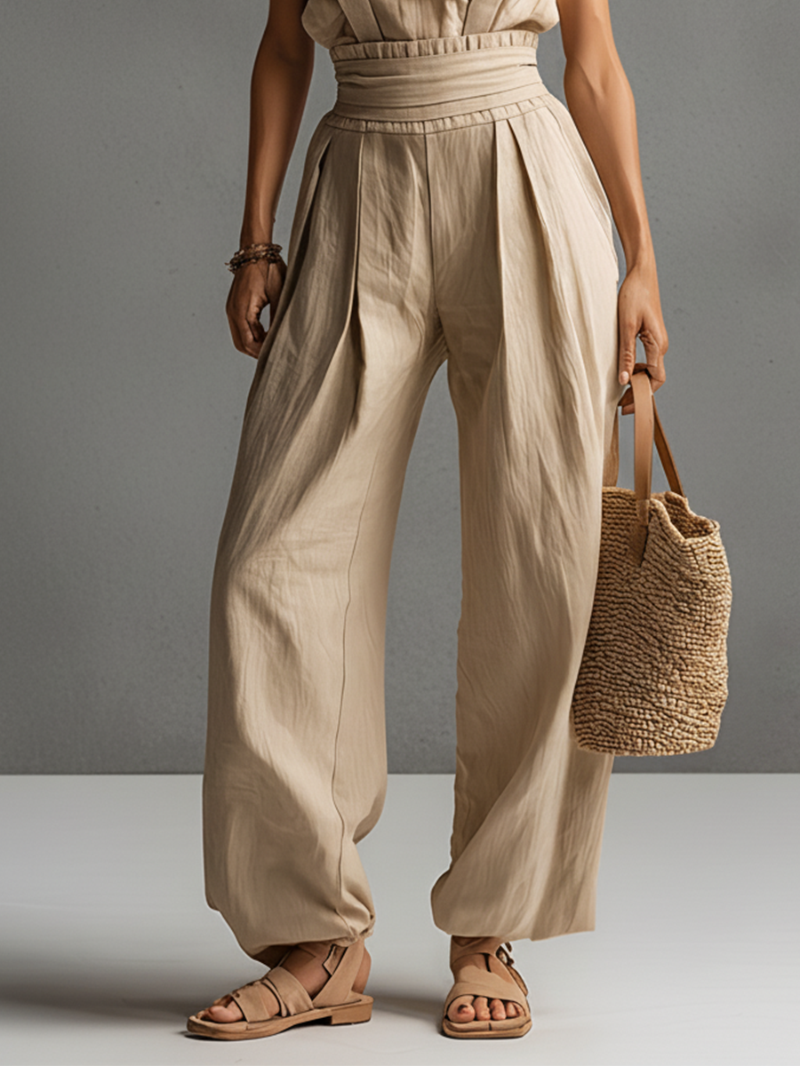 Women's Oatmeal Linen Sleeveless Crew-Neck Top And Pleated Wide-Leg Suspender Pants Set