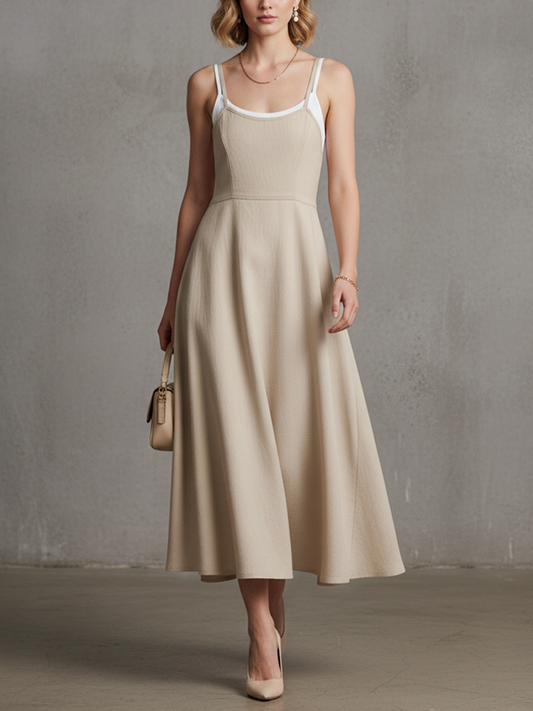 Women'S Simple White And Khaki Cotton-Blend Paneled Faux Two-Piece Midi Slip Dress