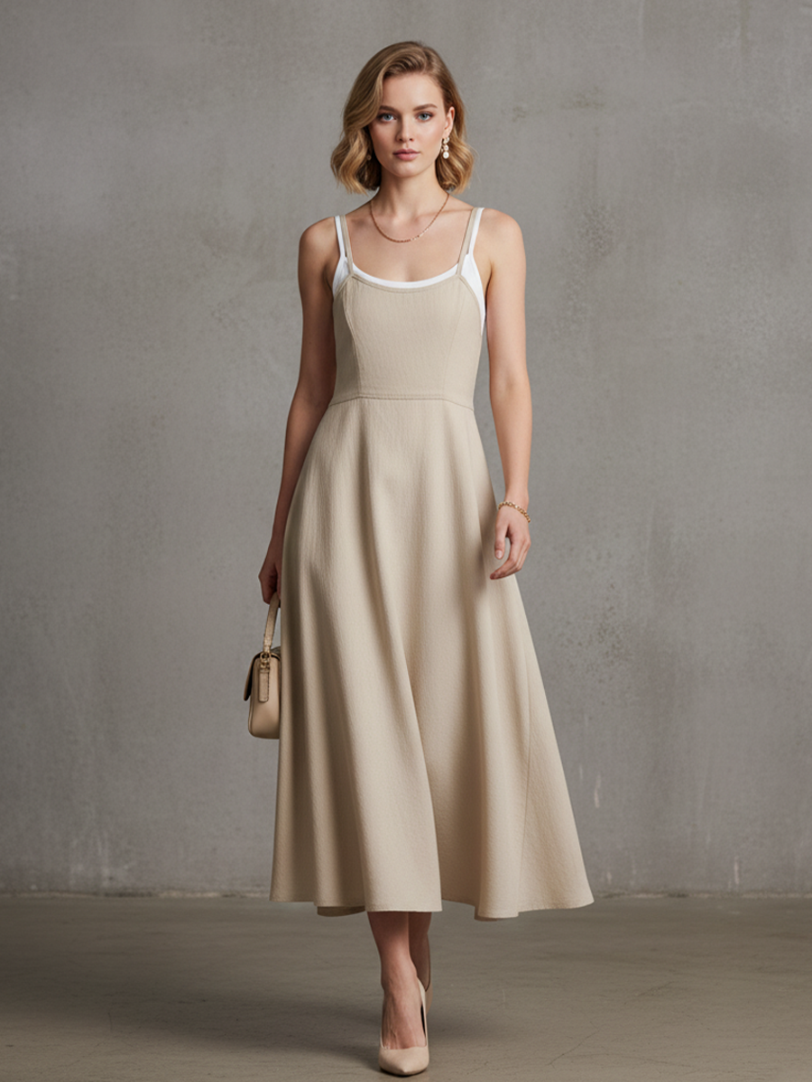 Women'S Simple White And Khaki Cotton-Blend Paneled Faux Two-Piece Midi Slip Dress
