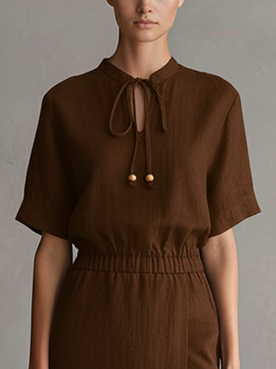 Women's Casual Brown Cotton-linen Tie-neck Elastic Waist Slit Maxi Dress