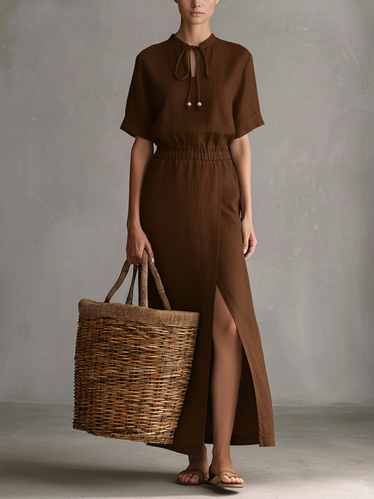 Women's Casual Brown Cotton-linen Tie-neck Elastic Waist Slit Maxi Dress