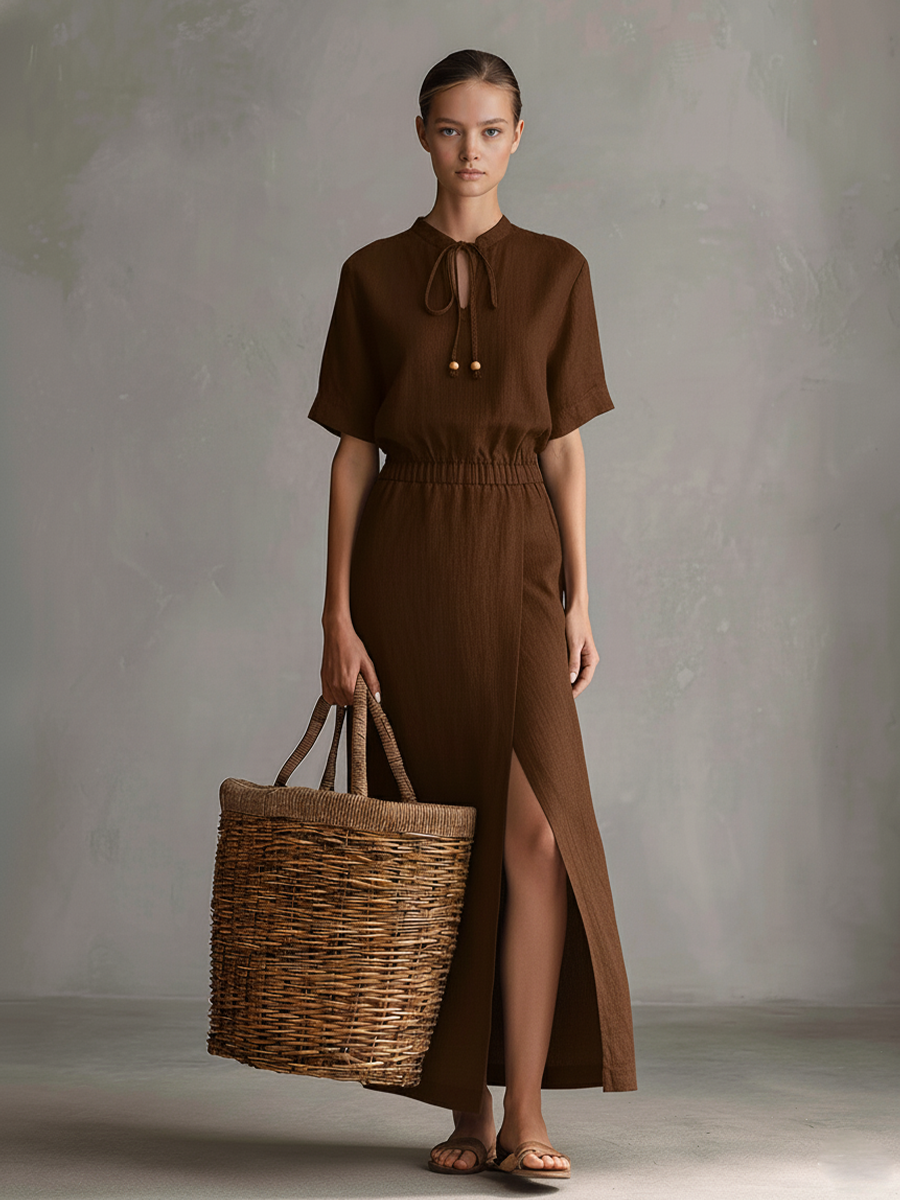 Women's Casual Brown Cotton-linen Tie-neck Elastic Waist Slit Maxi Dress