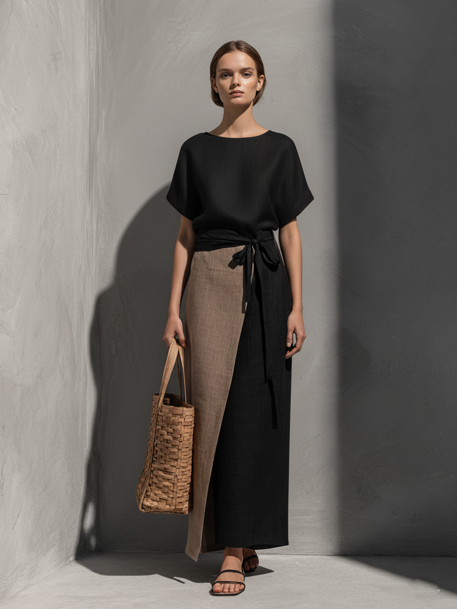 Women's Commuter-Style Black And Khaki Cotton-Linen Paneled Faux Two-Piece Belted Maxi Dress