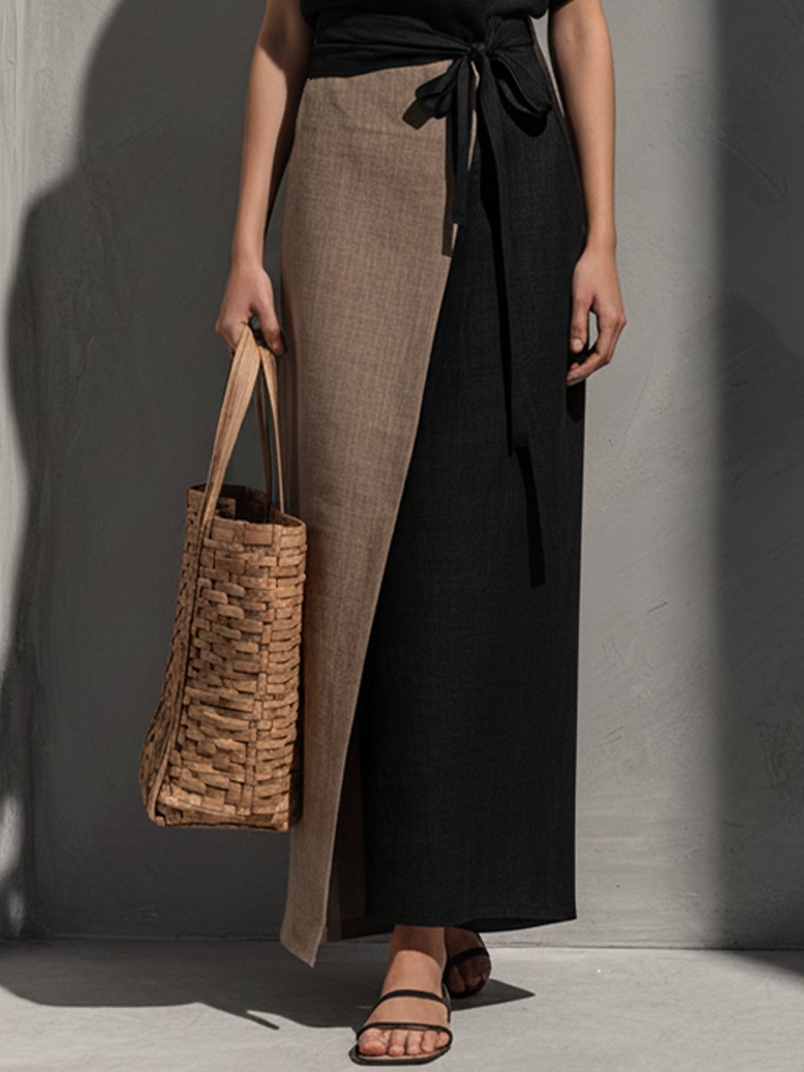 Women's Commuter-Style Black And Khaki Cotton-Linen Paneled Faux Two-Piece Belted Maxi Dress