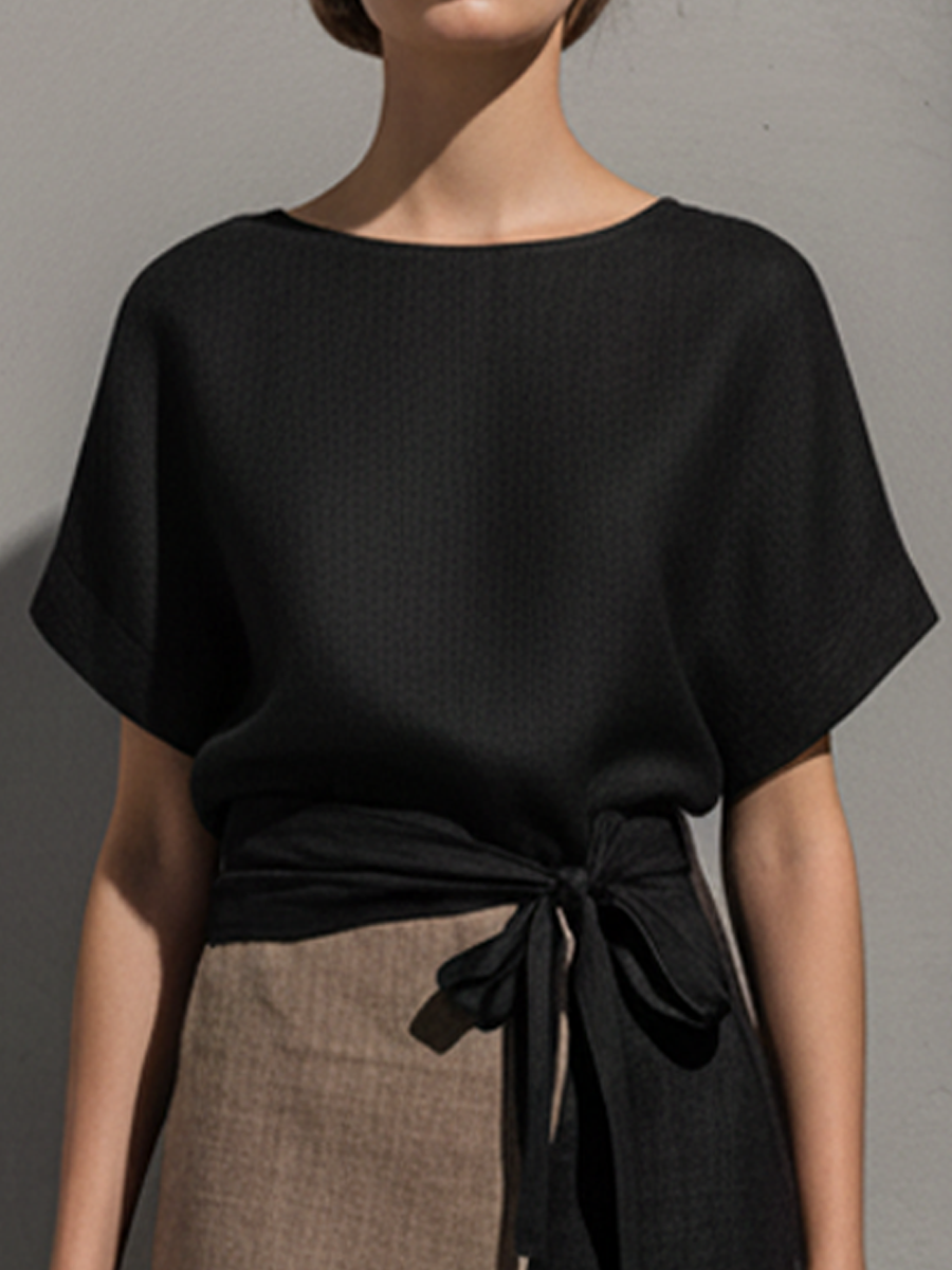 Women's Commuter-Style Black And Khaki Cotton-Linen Paneled Faux Two-Piece Belted Maxi Dress