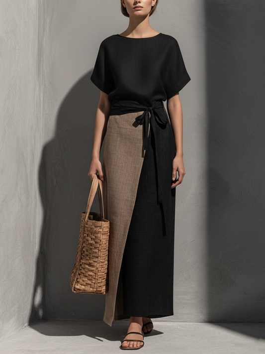 Women's Commuter-Style Black And Khaki Cotton-Linen Paneled Faux Two-Piece Belted Maxi Dress
