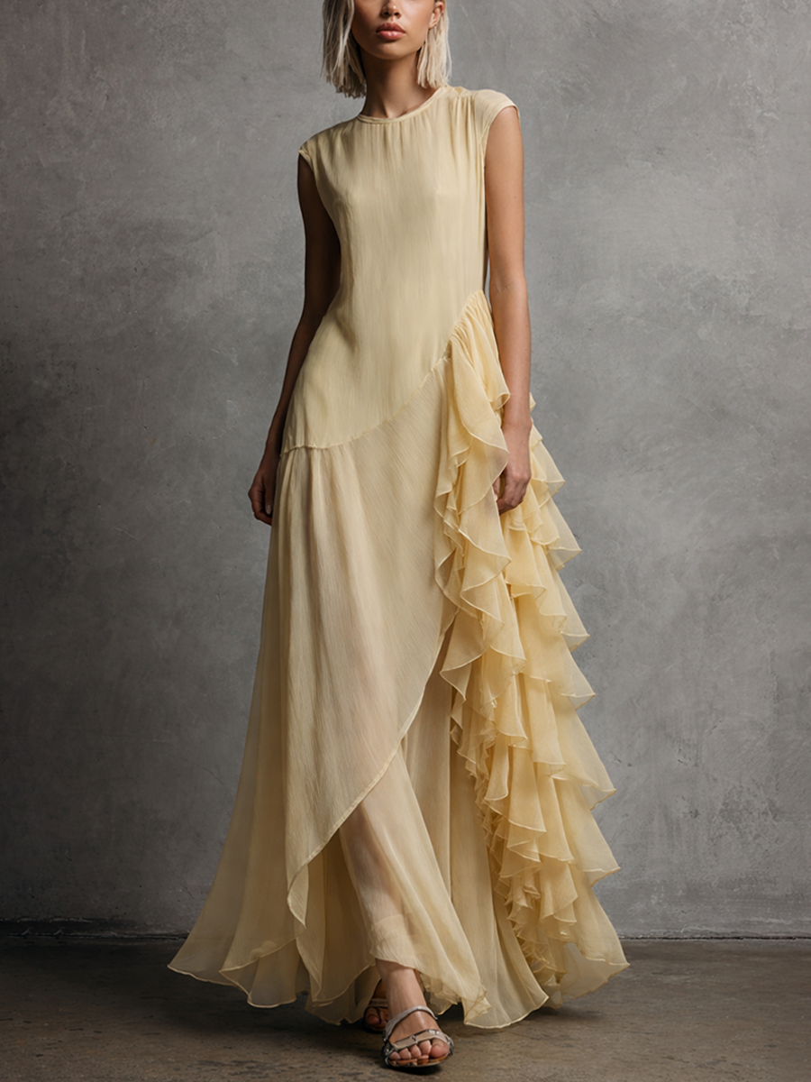 Women's Elegant Pale Yellow Chiffon Multi-Layer Ruffled Asymmetrical Maxi Dress