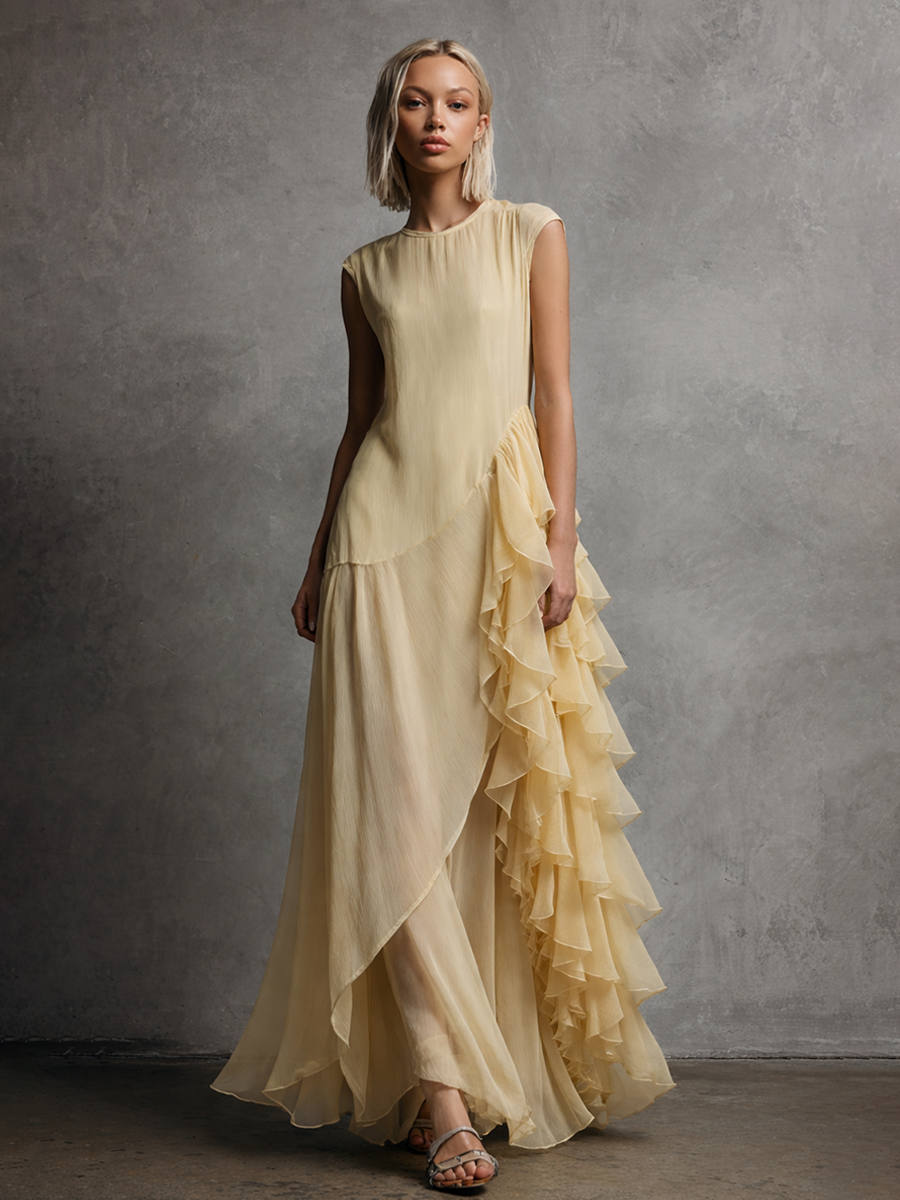 Women's Elegant Pale Yellow Chiffon Multi-Layer Ruffled Asymmetrical Maxi Dress