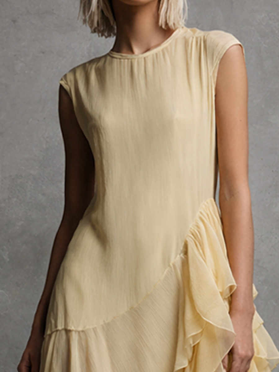 Women's Elegant Pale Yellow Chiffon Multi-Layer Ruffled Asymmetrical Maxi Dress