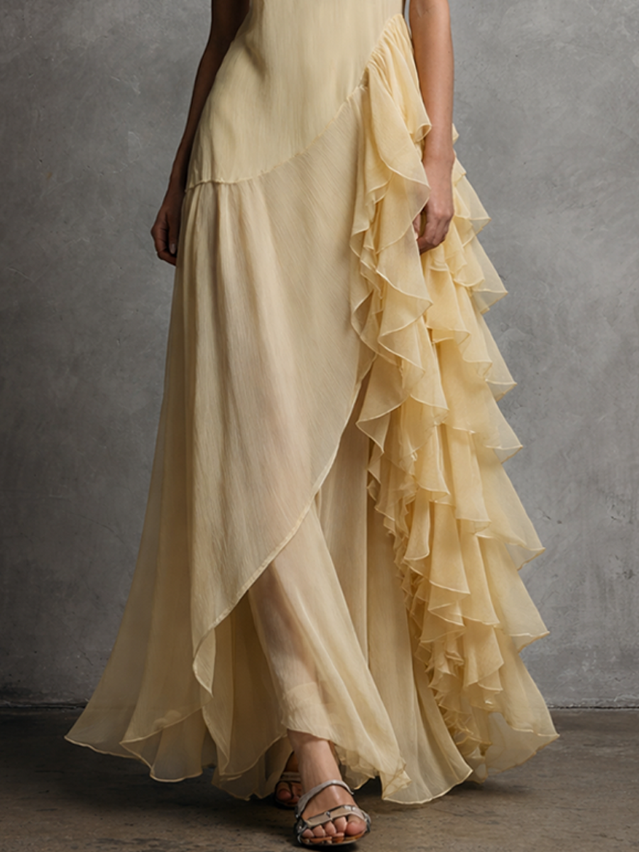 Women's Elegant Pale Yellow Chiffon Multi-Layer Ruffled Asymmetrical Maxi Dress