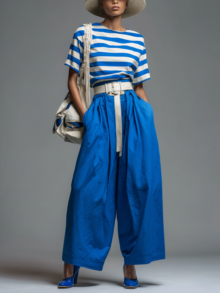 Women's Casual Blue And White Striped Cotton-Blend T-Shirt And Blue Wide-Leg Pants Set (Belt Not Included)
