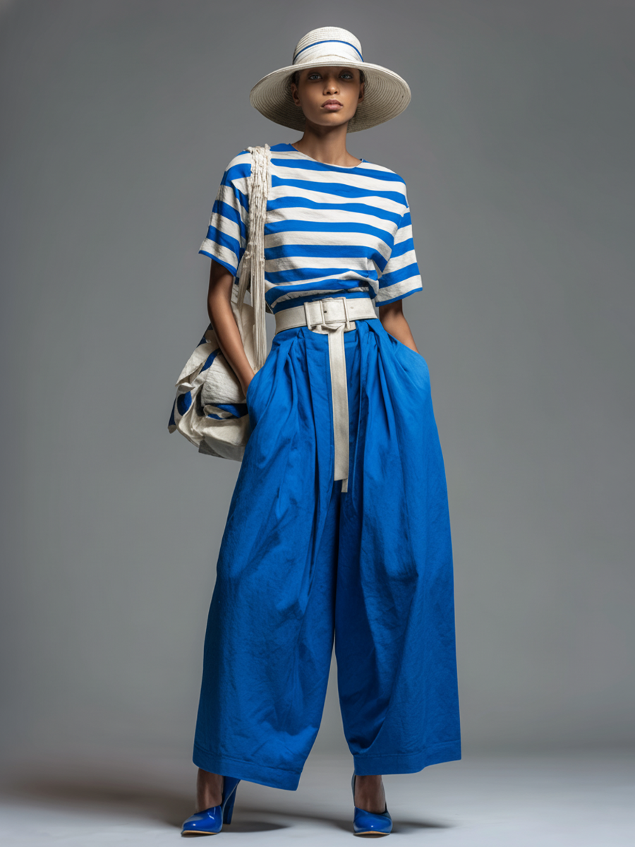 Women's Casual Blue And White Striped Cotton-Blend T-Shirt And Blue Wide-Leg Pants Set (Belt Not Included)