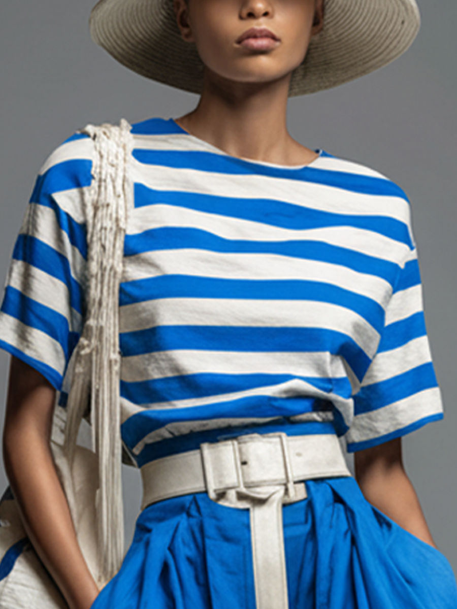 Women's Casual Blue And White Striped Cotton-Blend T-Shirt And Blue Wide-Leg Pants Set (Belt Not Included)