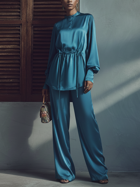 Women's Elegant Blue Satin Drawstring Top And Wide-Leg Pants Set