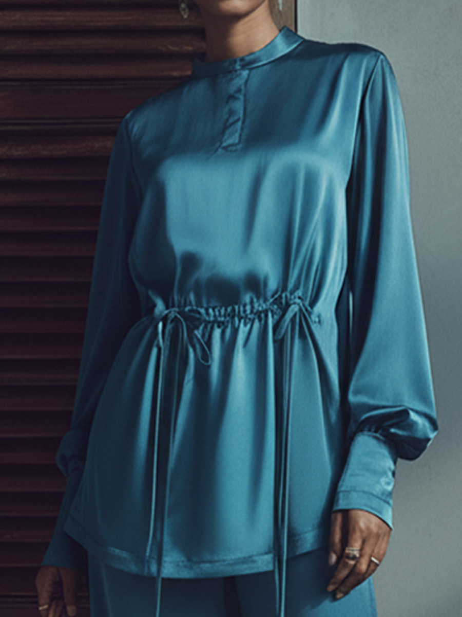 Women's Elegant Blue Satin Drawstring Top And Wide-Leg Pants Set