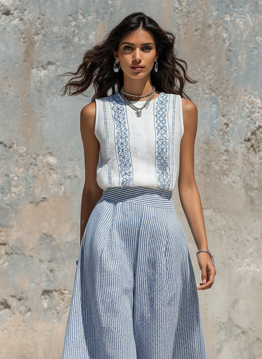 Women's Minimalist Linen-Blend Embroidered Sleeveless Blouse & Striped Wide-Leg Pants Set