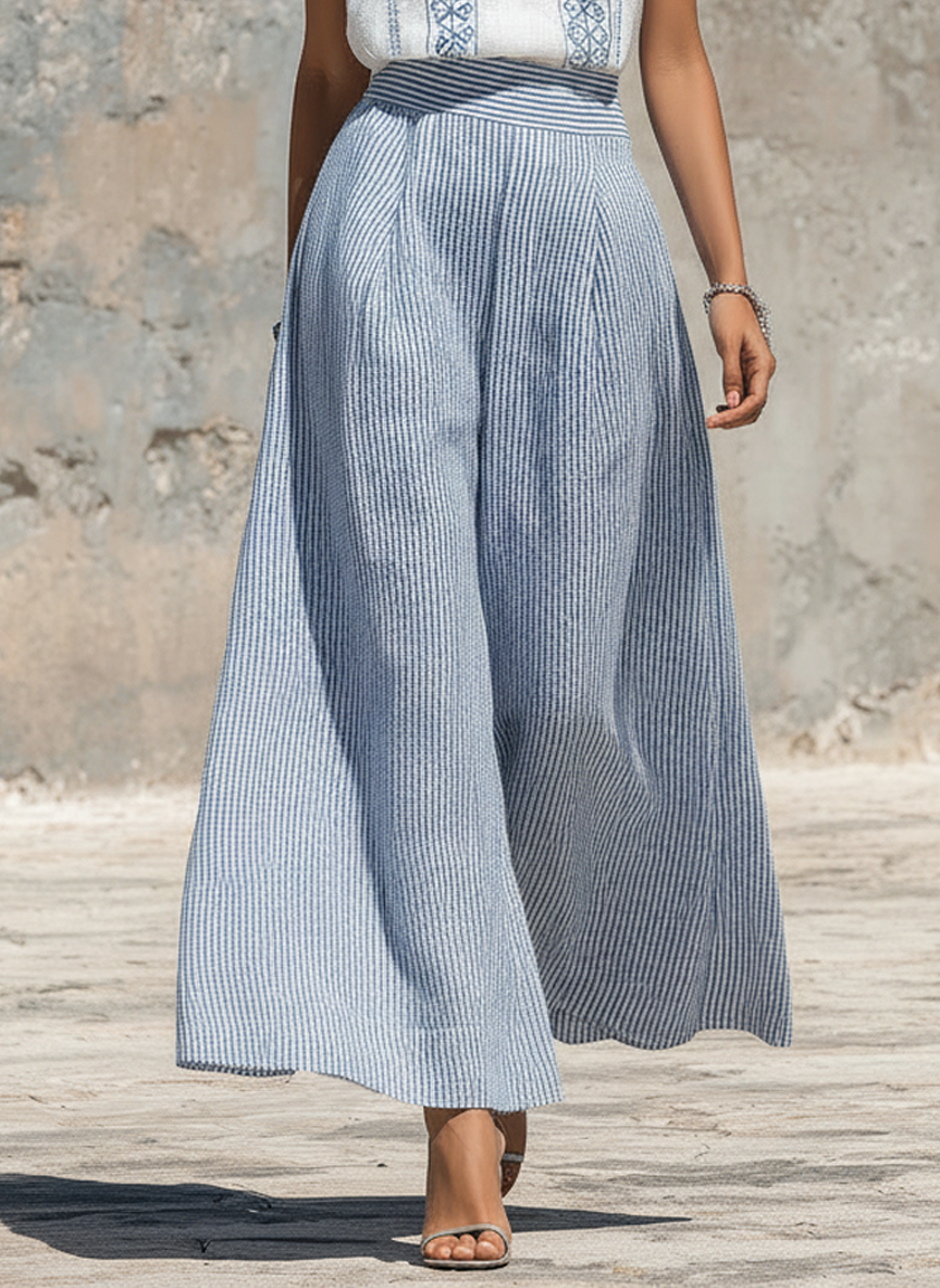 Women's Minimalist Linen-Blend Embroidered Sleeveless Blouse & Striped Wide-Leg Pants Set