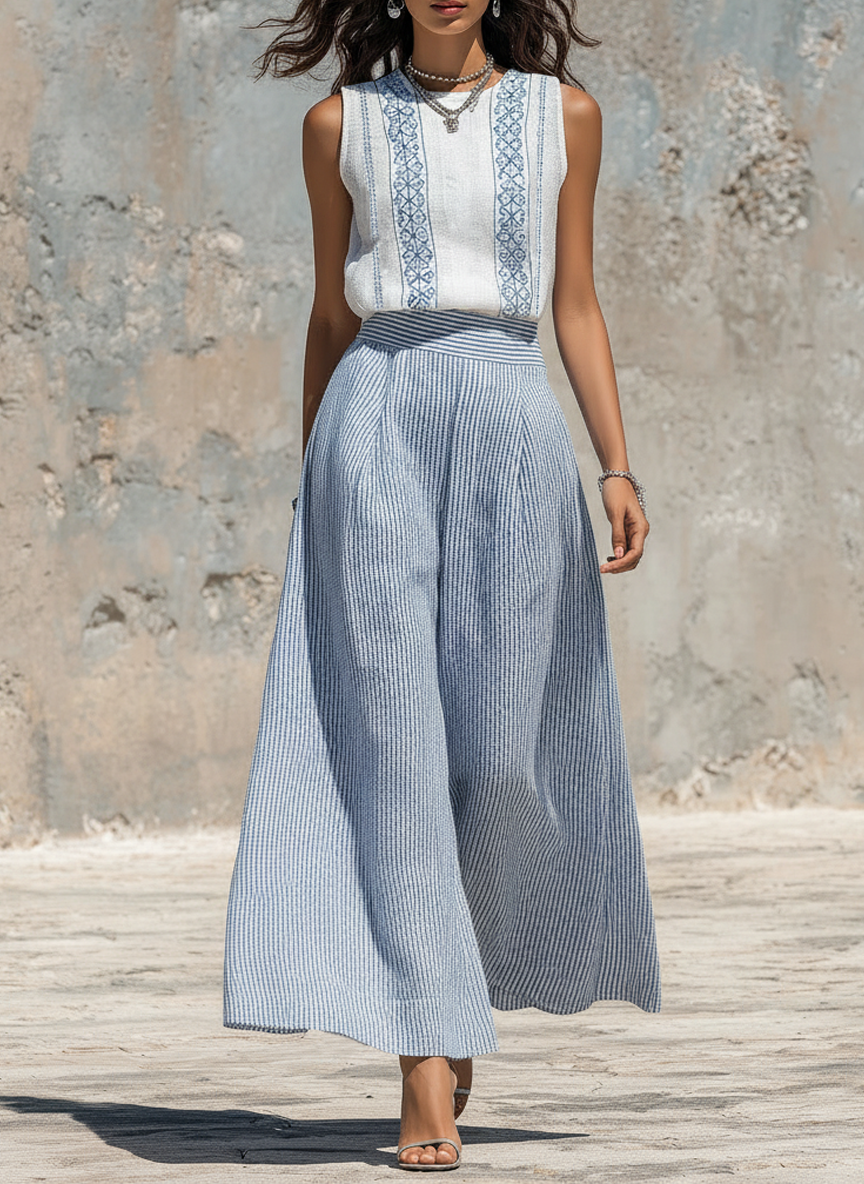Women's Minimalist Linen-Blend Embroidered Sleeveless Blouse & Striped Wide-Leg Pants Set
