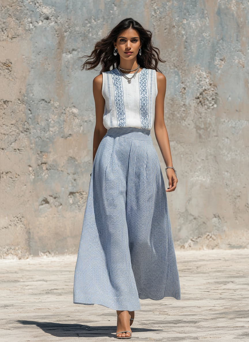Women's Minimalist Linen-Blend Embroidered Sleeveless Blouse & Striped Wide-Leg Pants Set