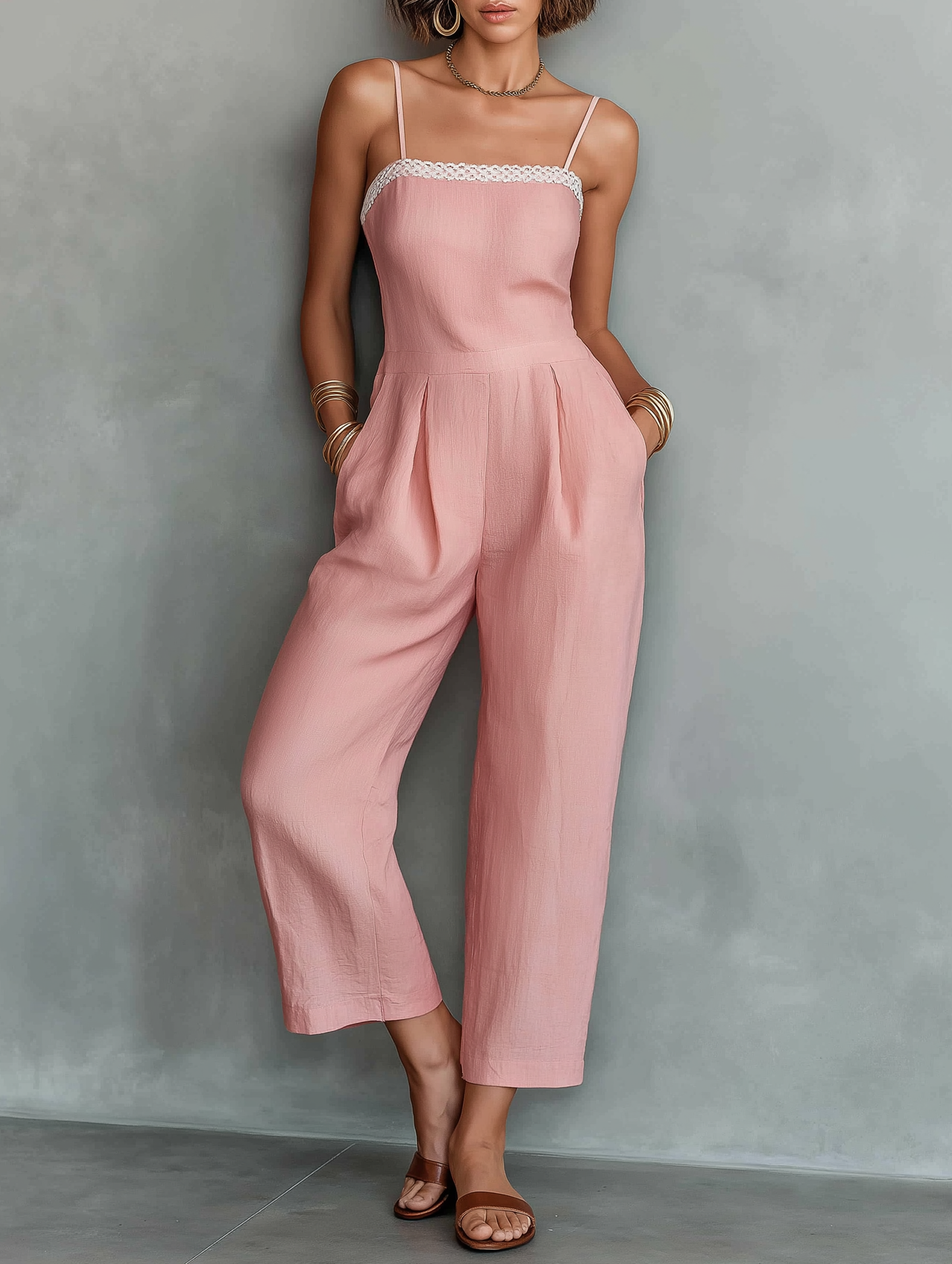 Women's Minimalist Linen-Blend Strappy Straight-Leg Cropped Jumpsuit