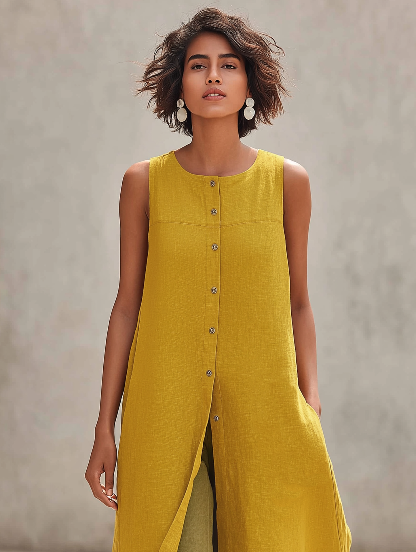 Women's Minimalist Linen-Blend Mid-Length Sleeveless Shirt & Wide-Leg Pants Set