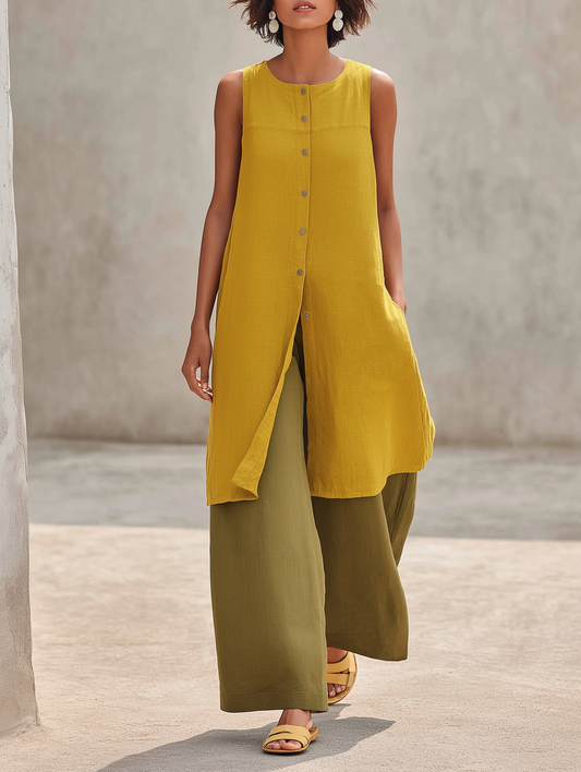 Women's Minimalist Linen-Blend Mid-Length Sleeveless Shirt & Wide-Leg Pants Set