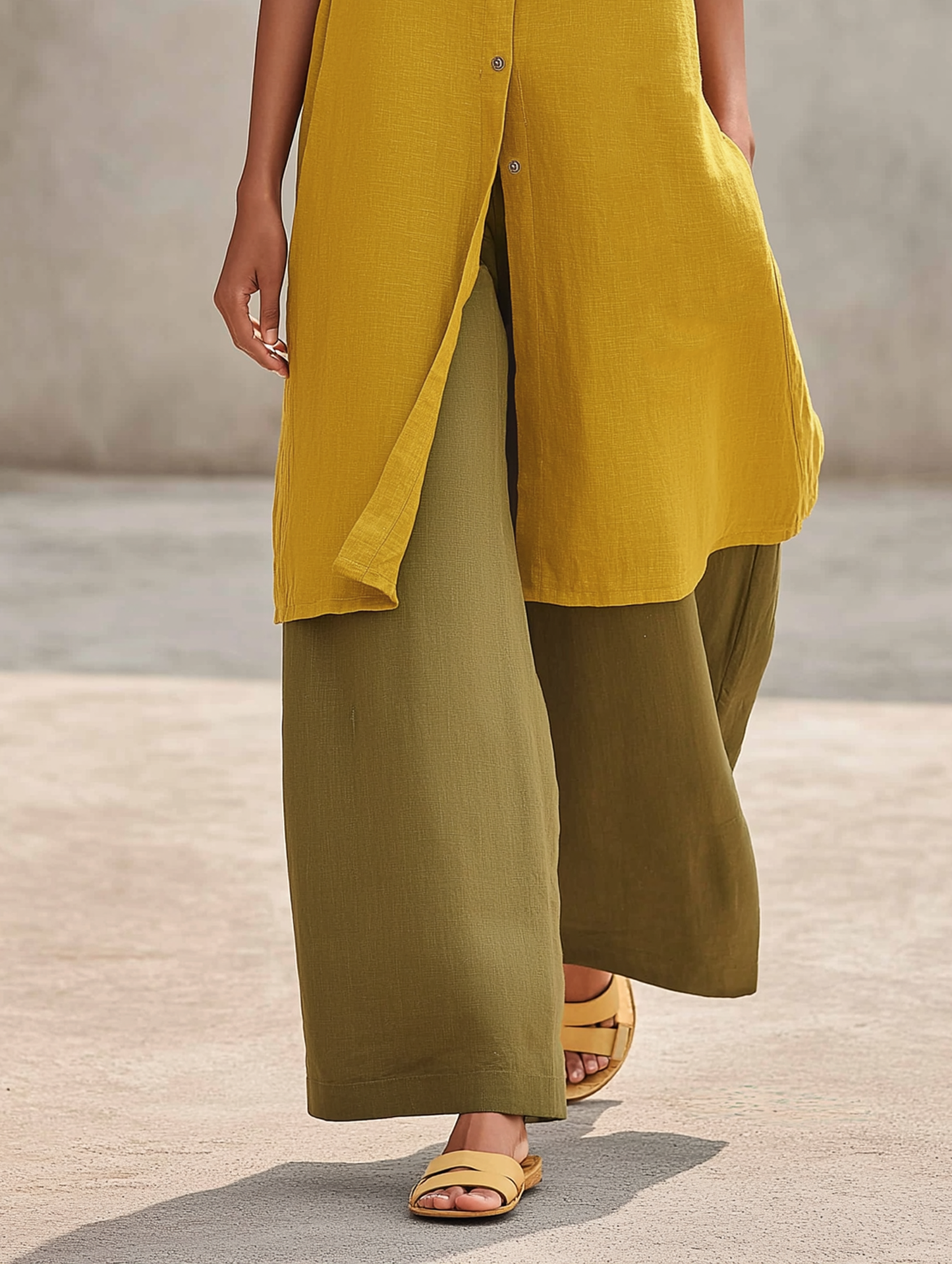 Women's Minimalist Linen-Blend Mid-Length Sleeveless Shirt & Wide-Leg Pants Set