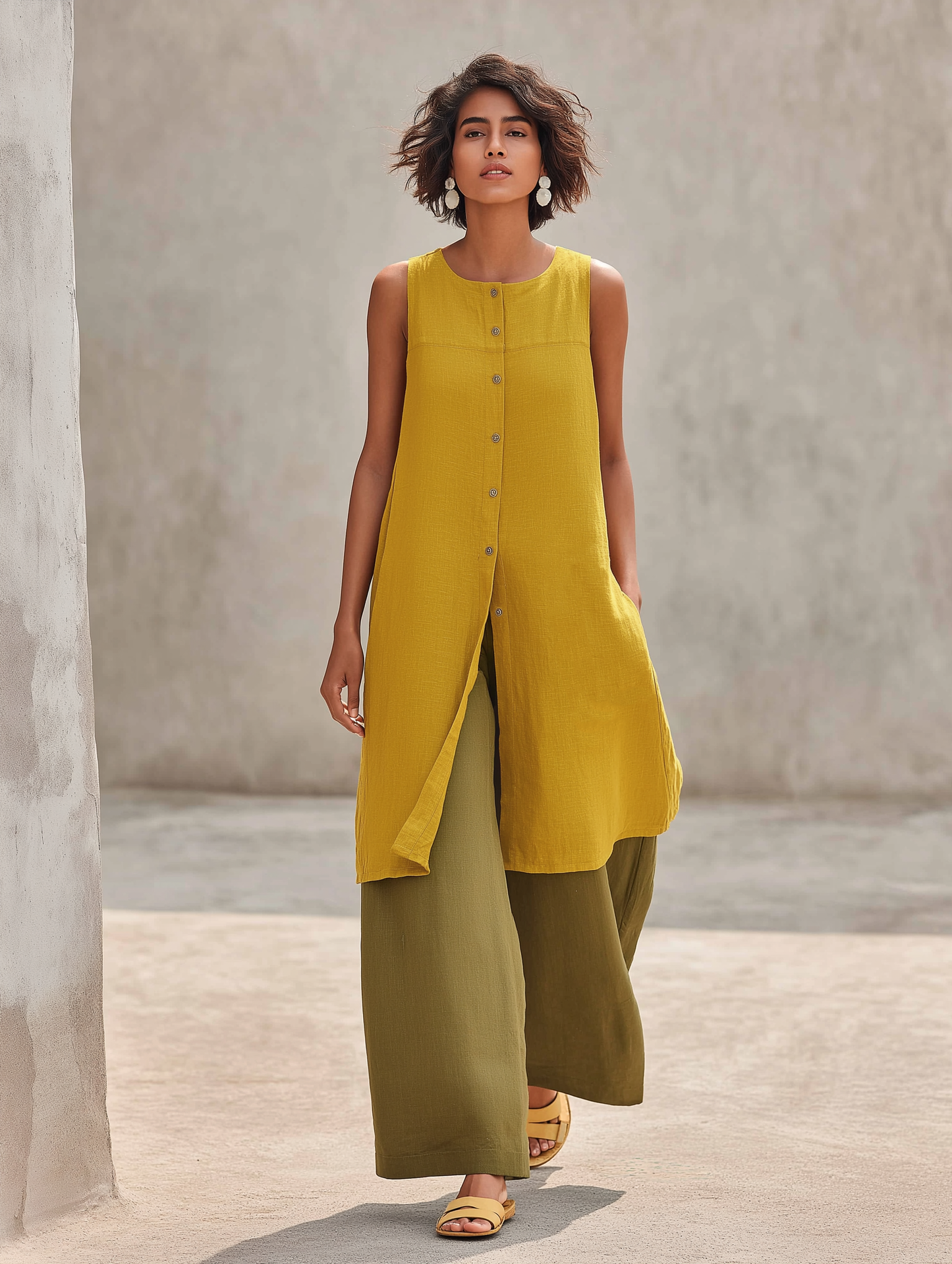 Women's Minimalist Linen-Blend Mid-Length Sleeveless Shirt & Wide-Leg Pants Set