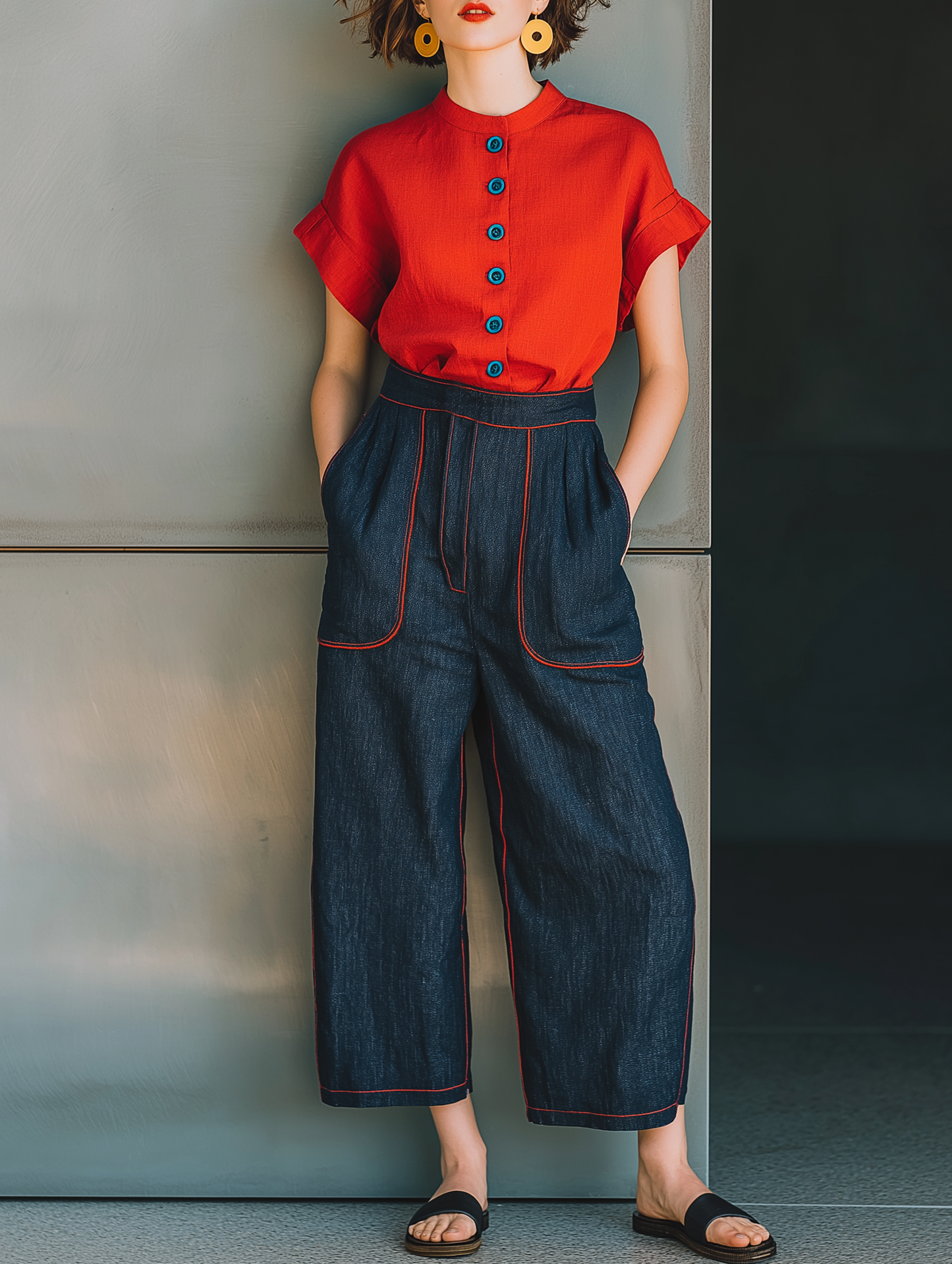 Women's Minimalist Linen-Blend Short-Sleeve Shirt & Cropped Jeans Set