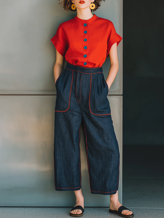 Women's Minimalist Linen-Blend Short-Sleeve Shirt & Cropped Jeans Set