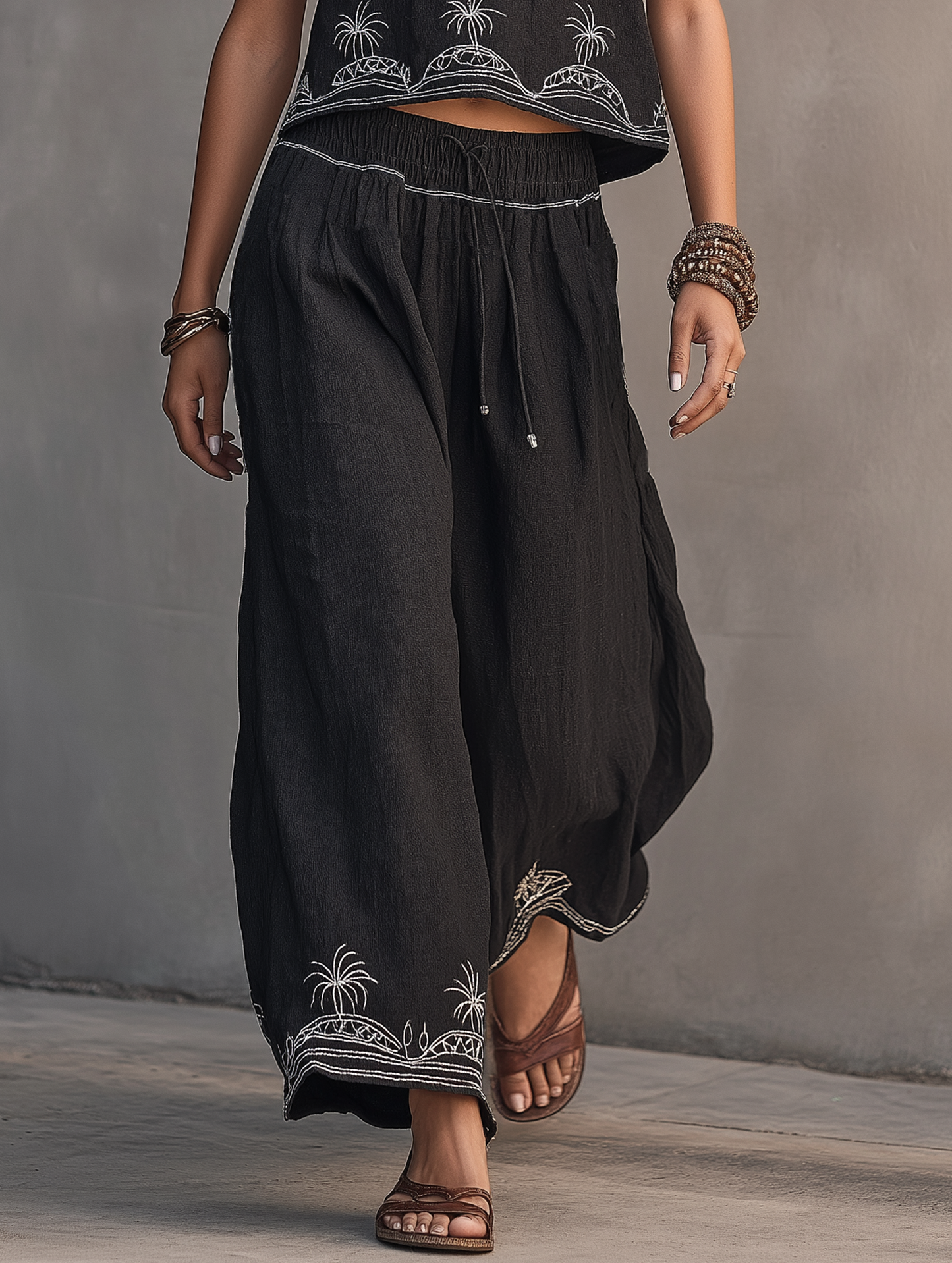 Women's Minimalist Linen-Blend Embroidered Tank Top & Wide-Leg Pants Set