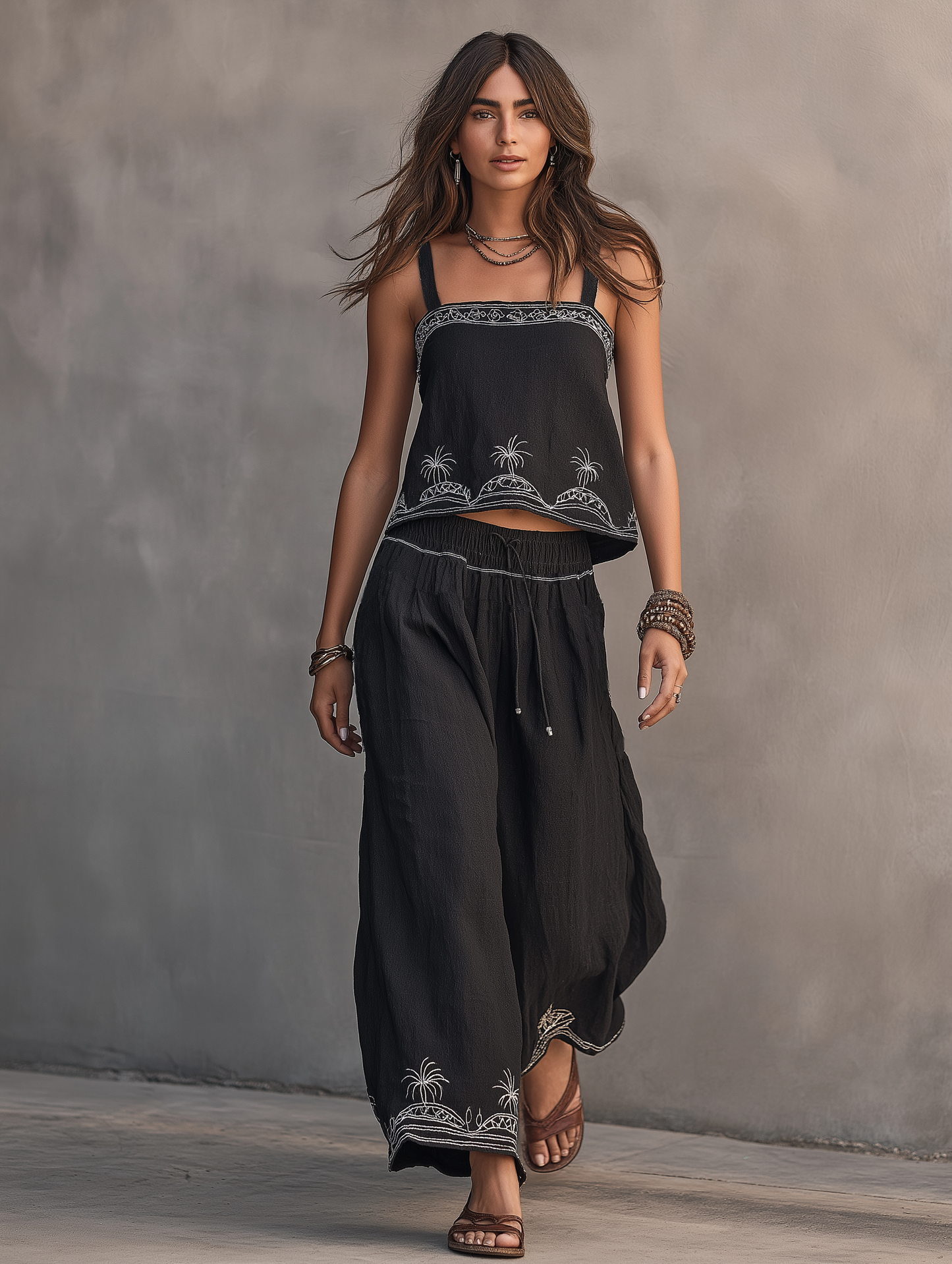 Women's Minimalist Linen-Blend Embroidered Tank Top & Wide-Leg Pants Set