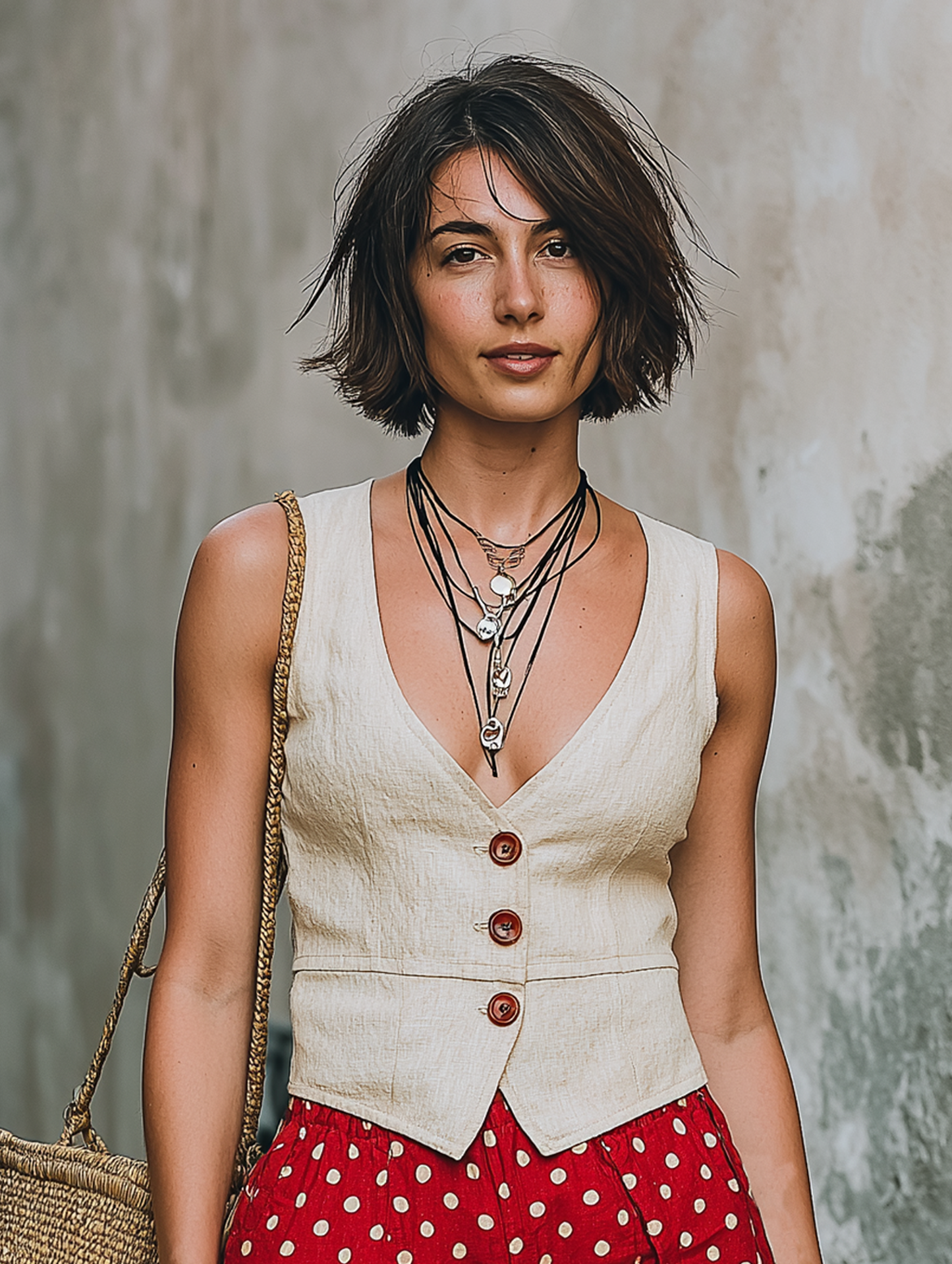 Women's Minimalist Linen-Blend V-Neck Vest & Polka-Dot Shorts Set